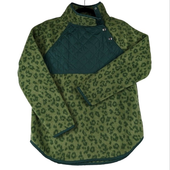 J. Crew Quilted Sherpa Fleece Women Snap Button Neck Green Pullover NEW - Picture 1 of 13